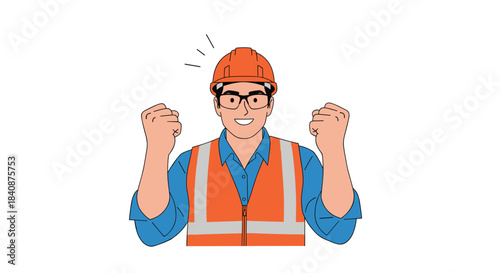 Happy and motivated construction worker or engineer wearing a hard hat and safety vest, clenching his fists in a gesture of success and excitement.