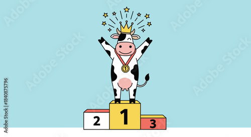 A happy cartoon cow wearing a crown and a gold medal celebrates on the first-place winner's podium under a shower of stars.