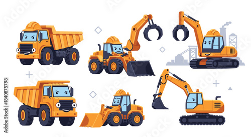 Set of cute cartoon construction vehicles with expressive faces, including dump trucks, excavators, and a front loader, in various happy poses.