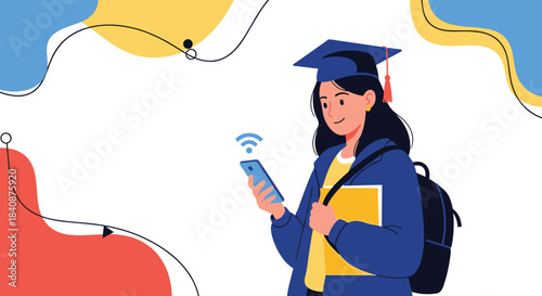 Happy female graduate in a cap and gown holds a book and uses her smartphone, symbolizing the connection between modern technology and education.