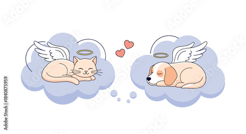 Cute memorial illustration of a deceased cat and dog as angels with wings and halos, sleeping peacefully on clouds with hearts floating between them.