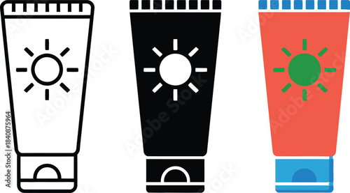 Sunscreen Tube Icons Outline Silhouette and Color lotion