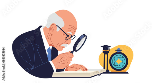 Elderly scholar or professor with glasses and a mustache carefully reads a book with a magnifying glass, symbolizing research, wisdom, and study.