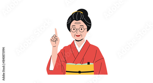 Elderly Japanese woman in a traditional red kimono and glasses, pointing her finger up as if she has an idea, a suggestion, or a point to make.