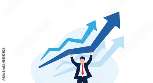Businessman in a suit holding up a large blue arrow graph, symbolizing business growth, success, and achieving financial goals and targets.