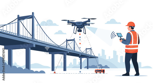 Engineer in safety gear operates a drone with a remote control to conduct a modern survey and inspection of a large suspension bridge.
