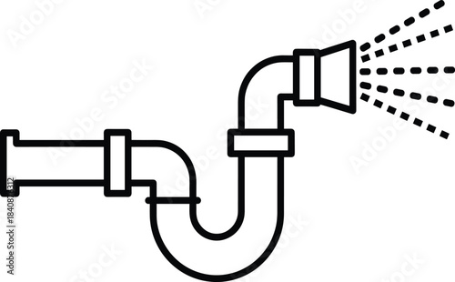 Black line icon of an S-bend plumbing drain pipe trap connected to a sprayer head dispensing water for cleaning plumbing and technical diagrams