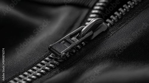Close up of a black zipper on fabric showing detail and texture.
