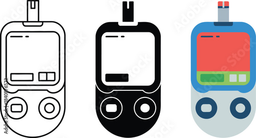 Three styles of blood glucose meter icons line art silhouette and color