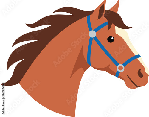 Vector illustration of a brown horse head in profile view wearing a blue halter, designed in a flat cartoon style.