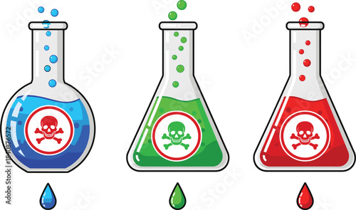 “Colorful Toxic Chemical Flasks with Hazard Symbols and Poisonous Liquid Drops in Detailed Laboratory Vector Illustration”
