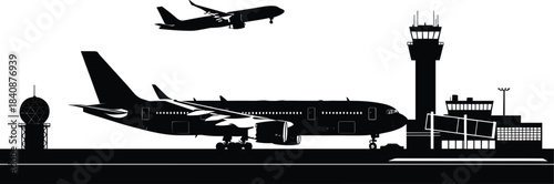 Airport runway scene with airplane taking off, aircraft parked, control tower and radar building in detailed silhouette vector illustration