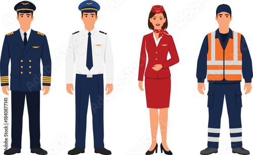 Aviation crew illustration featuring pilots, flight attendant, and ground staff in uniform representing airline and airport professions