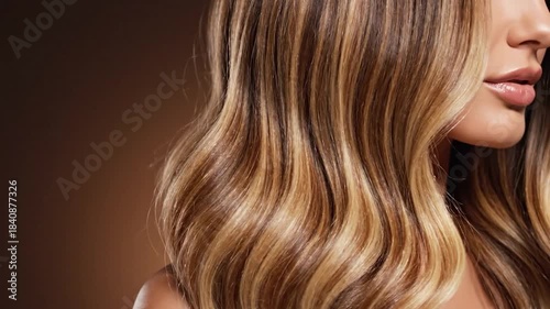 Healthy wavy hair with blonde and brown highlights beauty and hair care concept