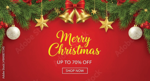 A vibrant Christmas promotional banner featuring lush green fir branches, golden bells, sparkling stars, and shiny ornaments framing a deep red background with 'Merry Christmas' text and a 'Shop Now' 