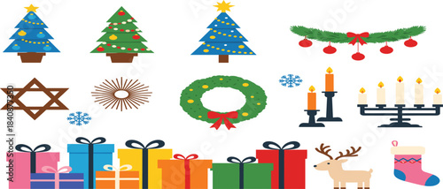 Christmas and holiday decoration elements including gift boxes, trees, wreath, candles, reindeer, stocking, menorah, garland, and winter icons illustration