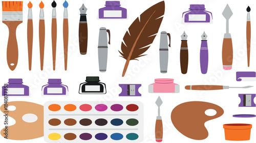 Collection of artistic drawing and painting tools including brushes, pens, ink bottles, palettes, sharpeners, and watercolor sets