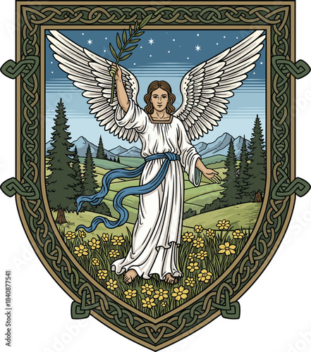 vector of an angel or archangel holding an olive branch framed by a celtic knot border for heraldry faith and protection design