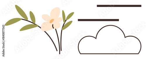 Delicate flower with green leaves beside abstract cloud and parallel lines. Ideal for nature, relaxation, environment, mindfulness, eco-friendliness, organic products, balanced aesthetics. Simple