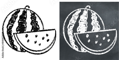 Chalk handdrawn watermelon vector for summer food displays and refreshment menus. Symbolizes tropical fruit, hydration, and organic summer treats. Ideal for menus.