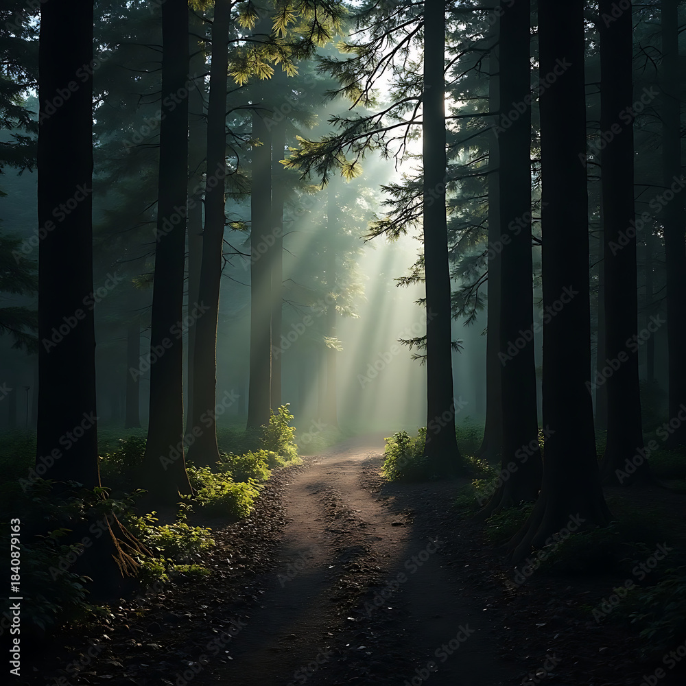 Fototapeta premium Mystical Forest Path with Dramatic Sun Rays Breaking Through Dark Canopy