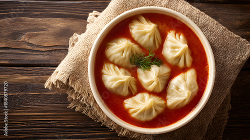 Red soup with dumplings on a wooden table background and space for text. Illustration of a menu background and food recipes.