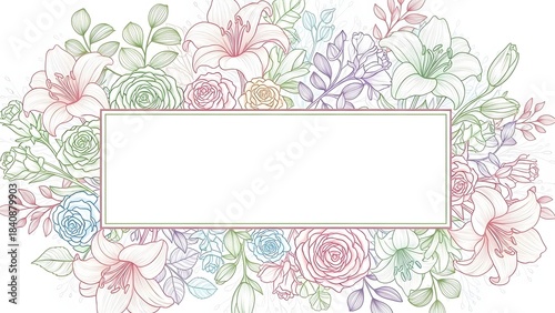 Delicate floral border with a white rectangular frame, perfect for invitations, cards, and elegant design projects