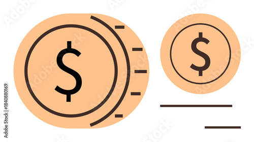 Large dollar coin with linear design accents and smaller coin aligned below. Ideal for finance, banking, savings, investment, payment, digital economy, accounting, simple flat metaphor
