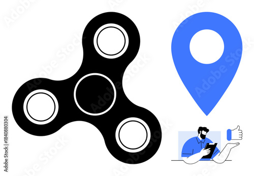Navigation, technology, entertainment, smartphone usage, online communication, social media interaction. A location pin, fidget spinner shape and a man holding a phone. Navigation and technology