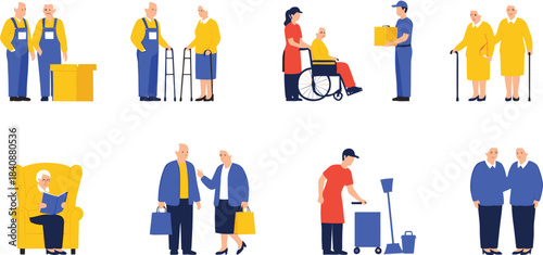 Elderly care vector set showing seniors with caregivers, mobility assistance, daily activities, medical support, and independent living scenes