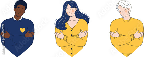 Diverse people practicing self-love and emotional wellbeing with comforting hugs in modern minimalist mental health vector illustration