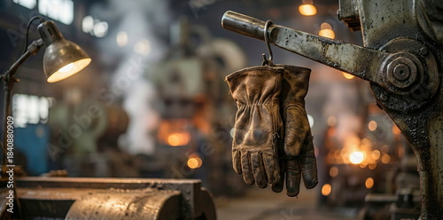 Worn leather work gloves hanging in a gritty industrial factory with machinery and sparks, symbolizing dedication, manual labor, and manufacturing.