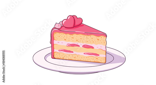A delightful slice of strawberry cake with pink frosting and decorative hearts sits on a white plate, rendered in a charming pixel art style.