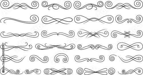 Elegant swirl and flourish line dividers set featuring decorative vintage ornaments, calligraphic borders, scroll elements, and classic ornamental design accents