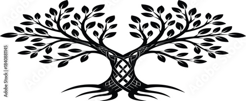 Elegant intertwined twin tree silhouette with detailed branches, roots, and leaves forming a symbolic nature and unity illustration
