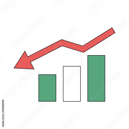 Financial data visualization with bar chart and red arrow indicating economic downturn and market volatility