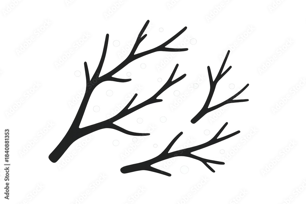 Fototapeta premium Bare tree branches with falling snow drawing, black and white winter season illustration, vector art on transparent background