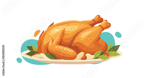 Deliciously roasted whole chicken or turkey garnished with fresh herbs and vegetables on a serving platter, ready for a festive meal.