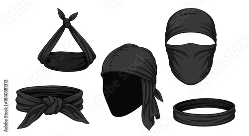Various black fabric accessories including bandanas, head wraps, and face masks, demonstrating different tying and wearing styles.