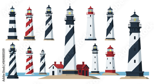 An illustrative collection of various lighthouses featuring different styles, colors, and coastal settings, including striped towers and seaside homes.