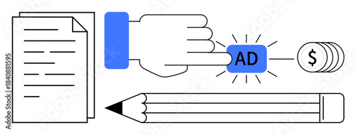 Marketing, content strategy, paid promotions, digital media, online revenue, advertising tools. Hand touching ad button with papers, coin stack and pencil. Marketing and content strategy concept