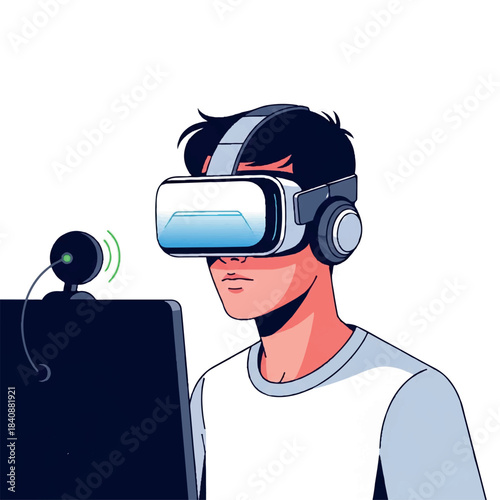 Man using VR headset with webcam on computer