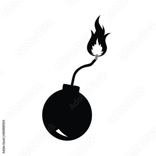 A silhouette of a round bomb with a lit fuse burning brightly against a white background.