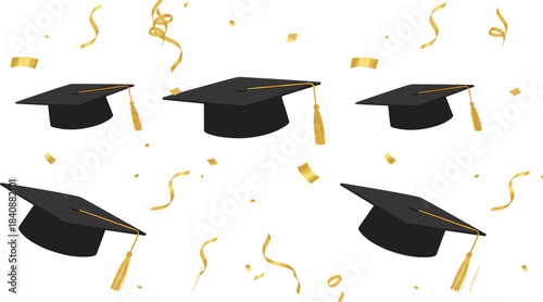 Graduation cap vector set with multiple mortarboard designs and golden confetti elements celebrating academic success and achievement