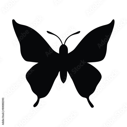 A black silhouette of a butterfly is shown against a white background.