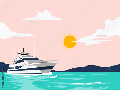 A luxury yacht sailing on the water at sunset or sunrise. Yacht vector illustration. Flat illustration concept.
