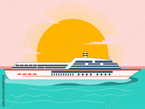 A luxury cruise ship or large ocean liner sails against the backdrop of the sunset. Yacht vector illustration. Flat illustration concept.