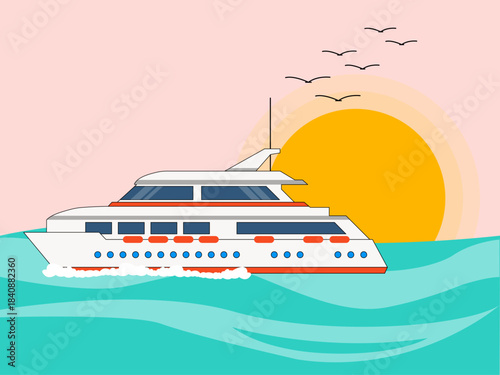 A yacht or small cruise vessel sailing on the sea at sunset or sunrise. Yacht vector illustration. Flat illustration concept.