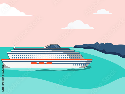 A cruise ship sailing in the ocean. Yacht vector illustration. Flat illustration concept.