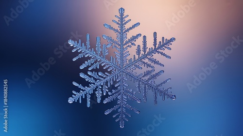 Macro photograph of a single intricate ice crystal snowflake with delicate branching arms against a soft blurred background of blue and warm light